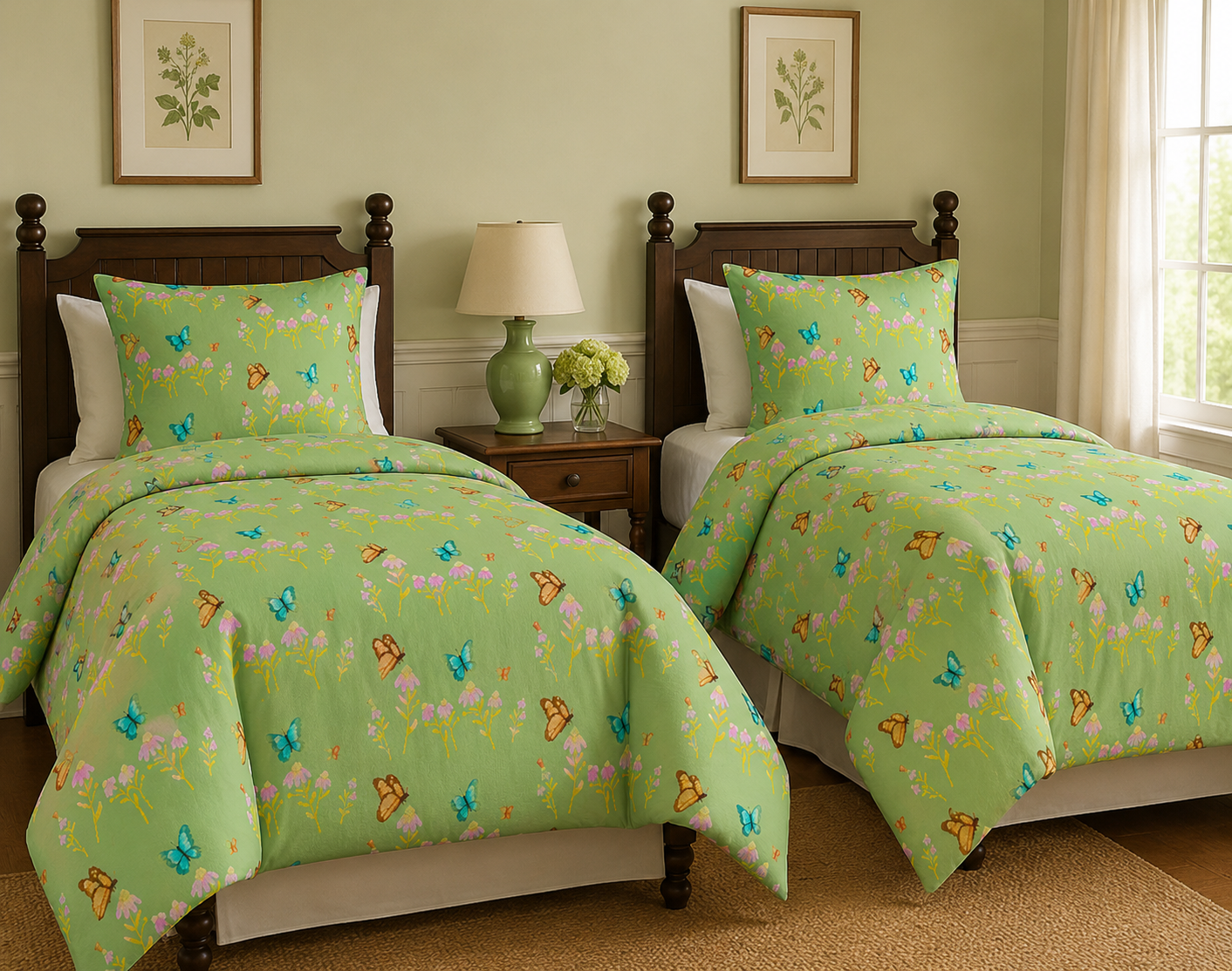 Green floral twin beds with matching quilts