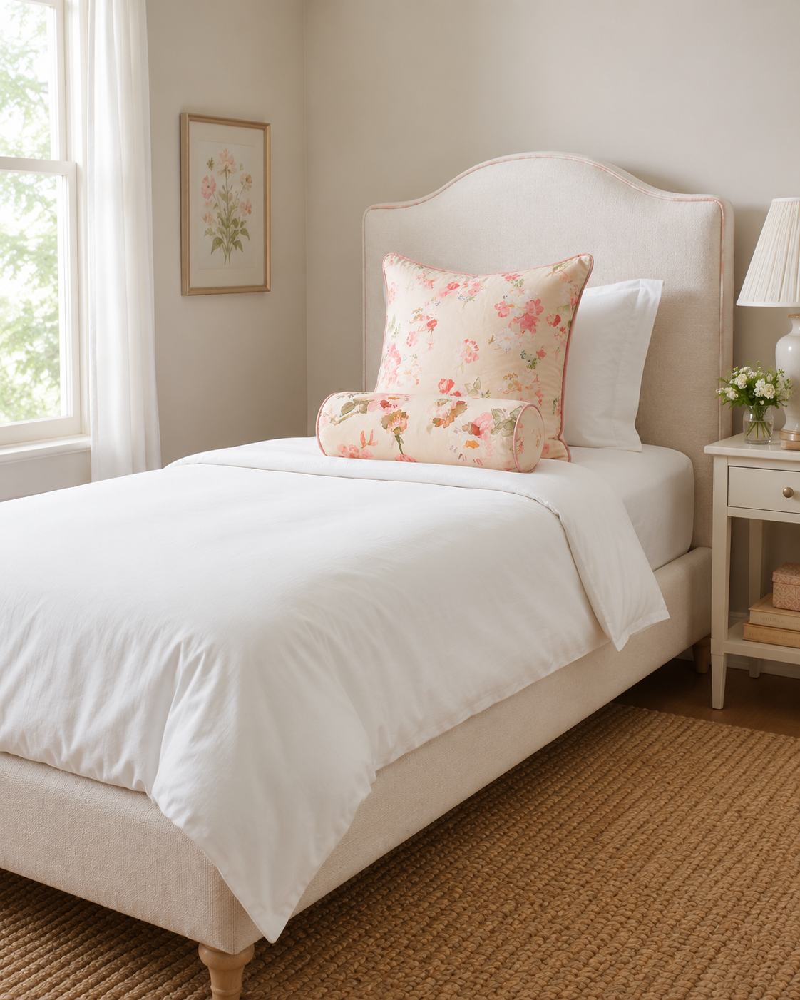 White bedroom with a floral accent pillow