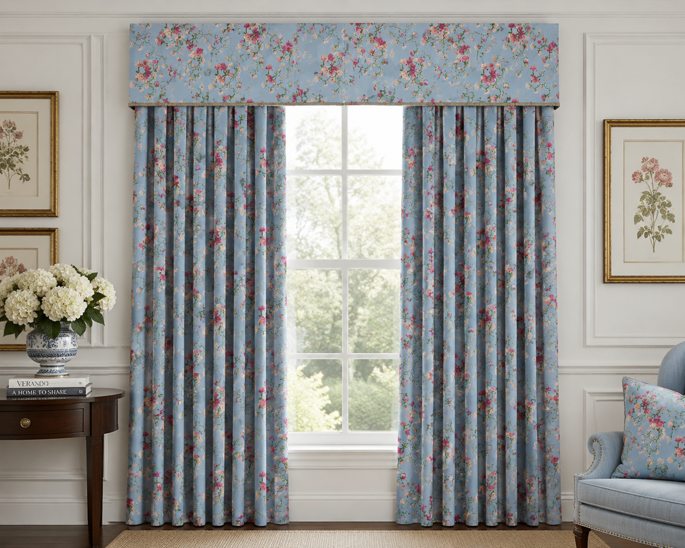 Blue floral drapery and Roman shade in a light-filled room