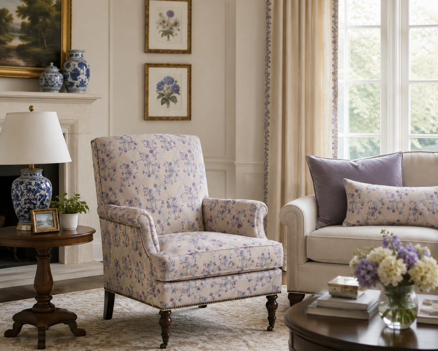 Floral upholstered armchair in a collected sitting room