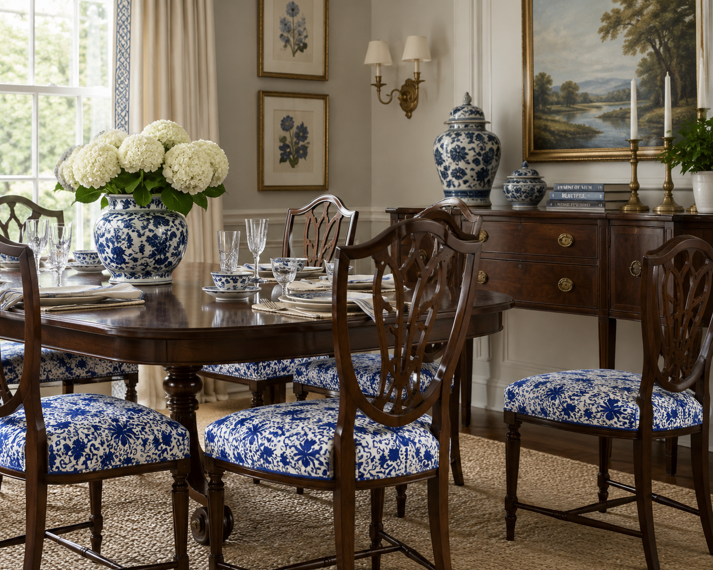 Dining room with blue floral upholstered chairs