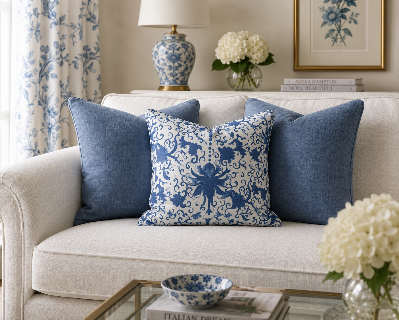 Blue botanical pillows layered on a white sofa