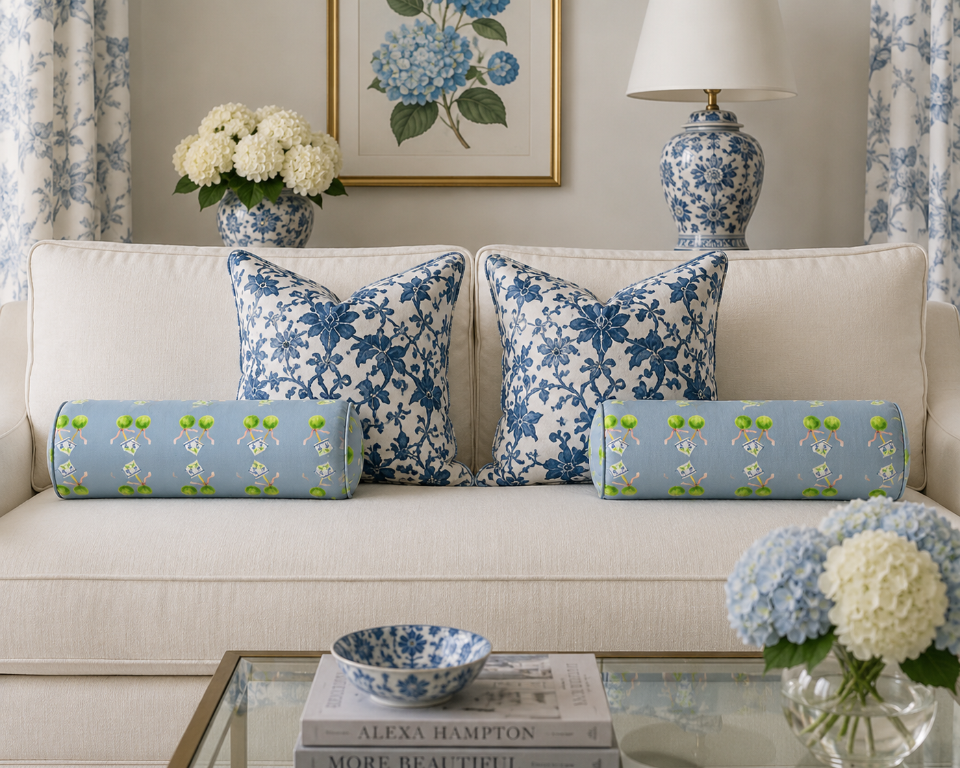 Blue botanical and green patterned pillows layered in a sitting room