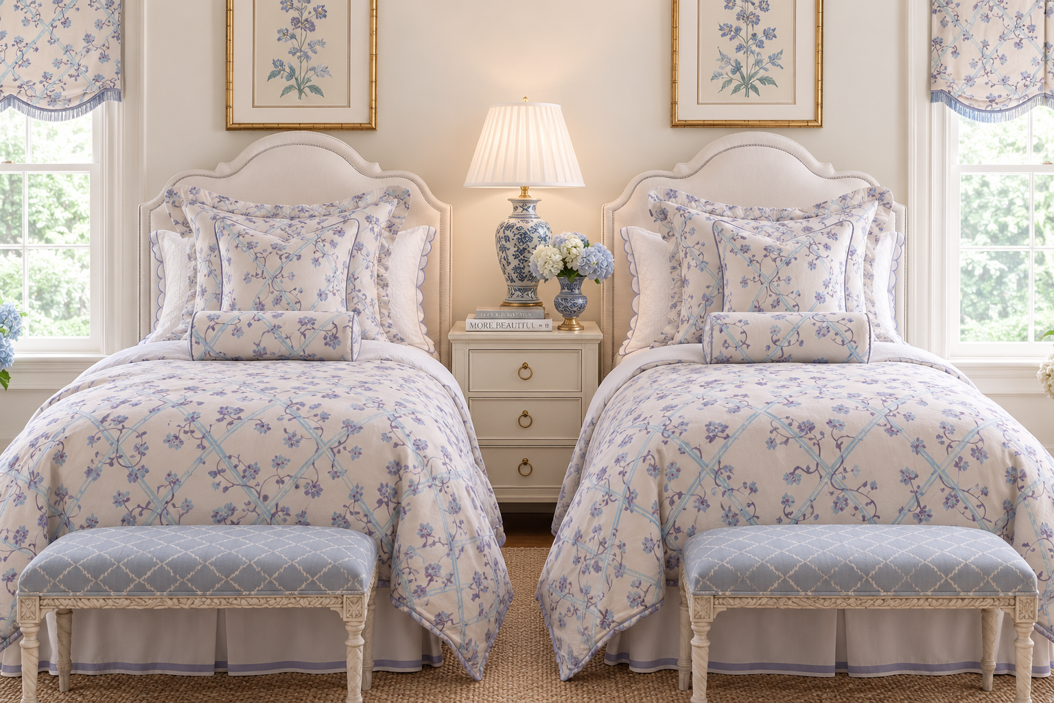 Blue floral twin beds with matching upholstery