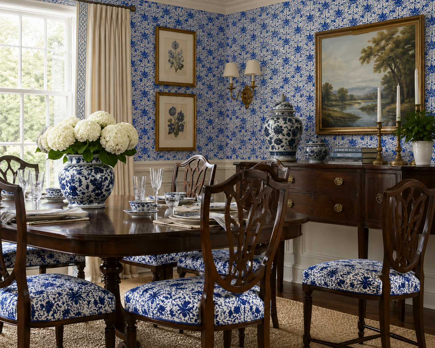 Blue botanical wallpaper above floral upholstered dining chairs