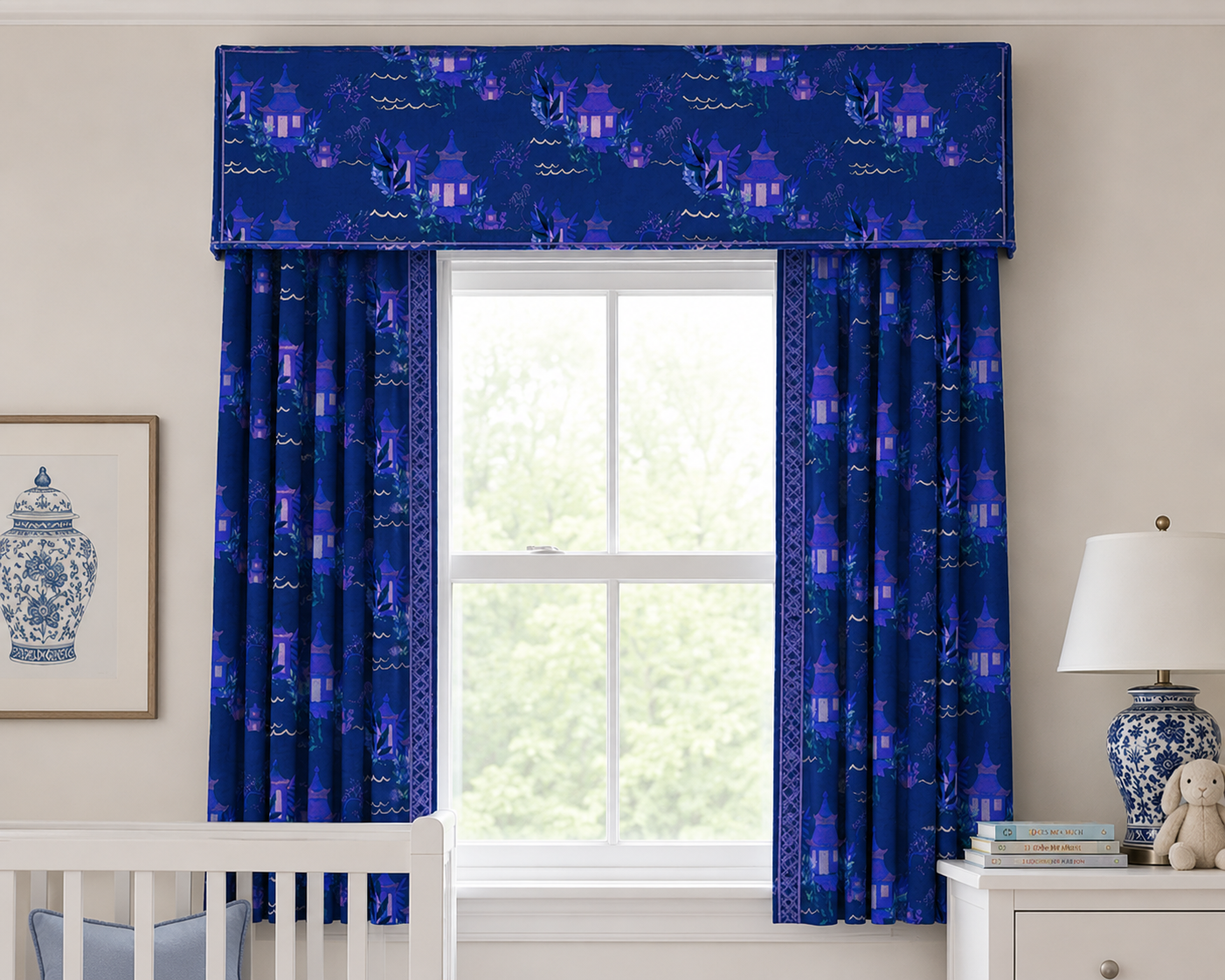 Navy blue patterned window treatment in a children's room