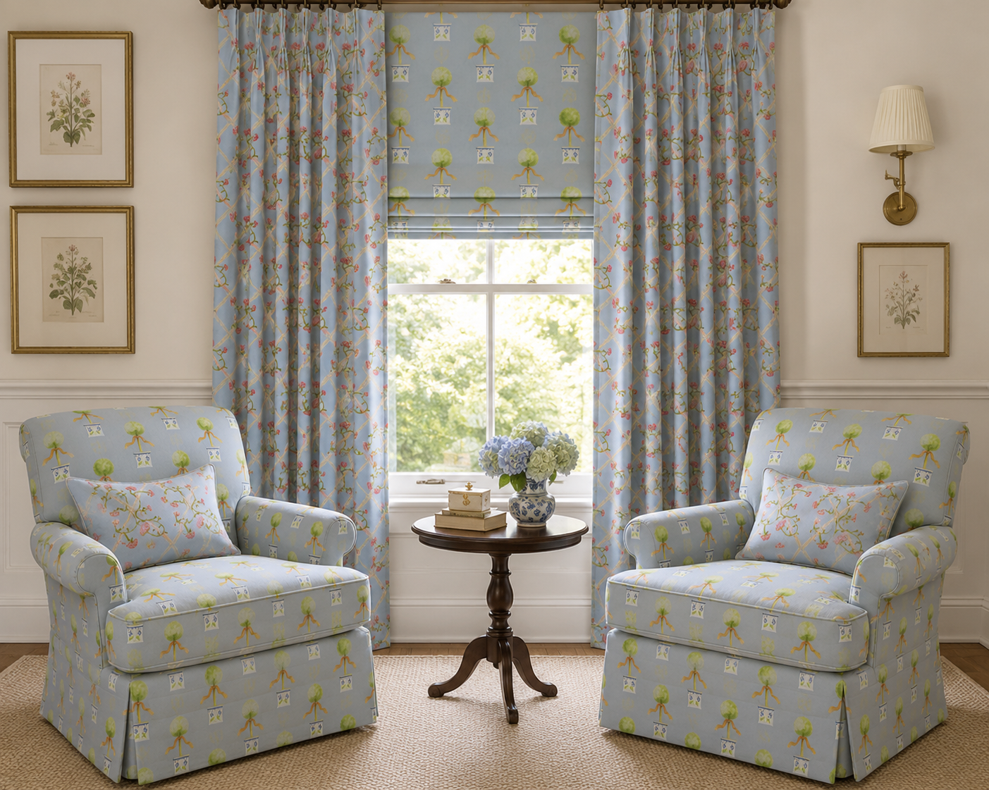 Pale blue patterned drapery and armchairs in a layered room