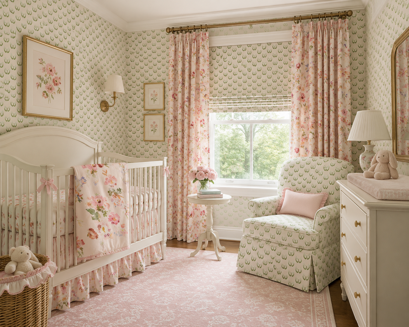 Pink floral nursery with matching drapery and armchair