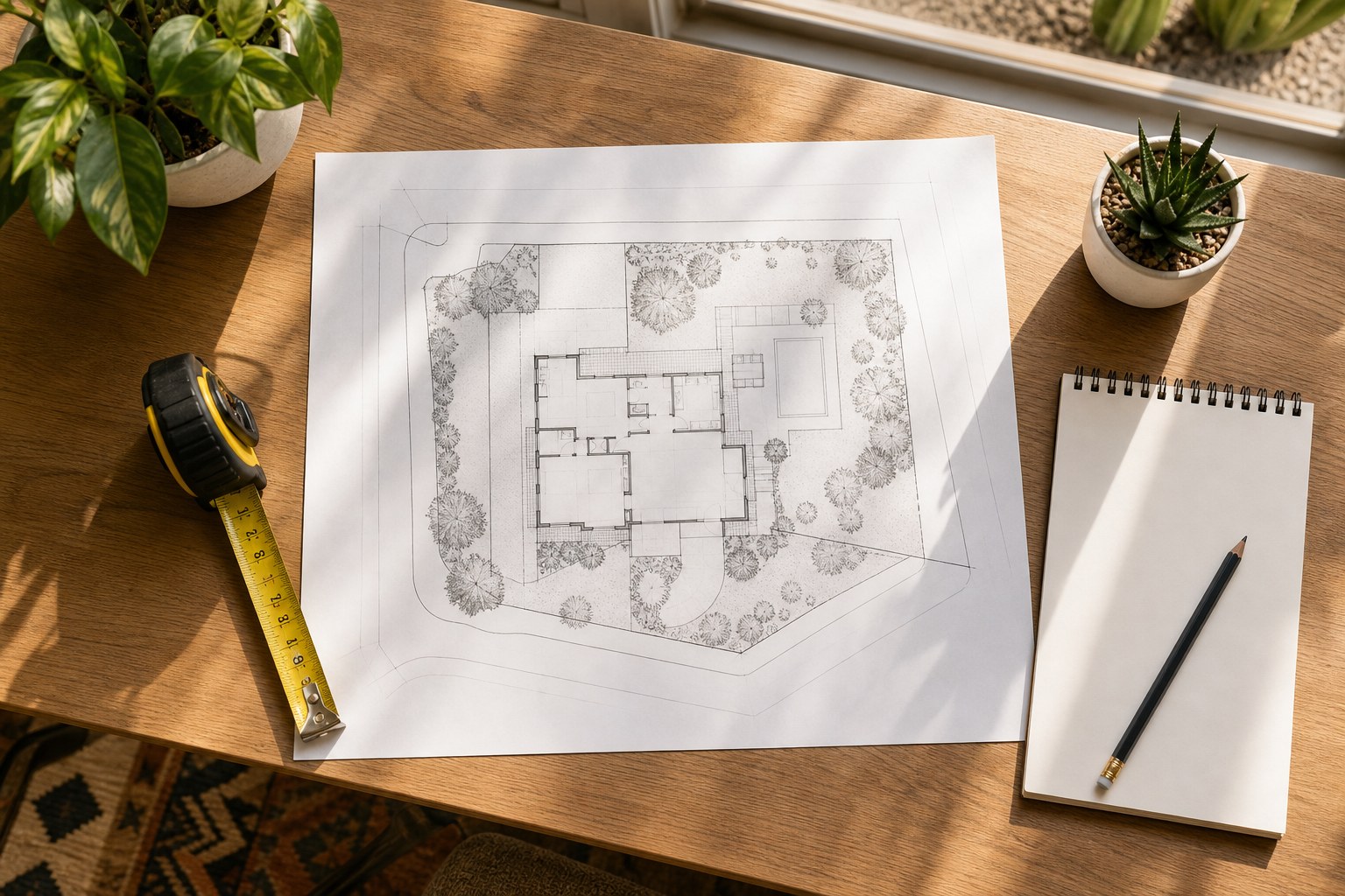Home addition planning materials and a site plan on a table