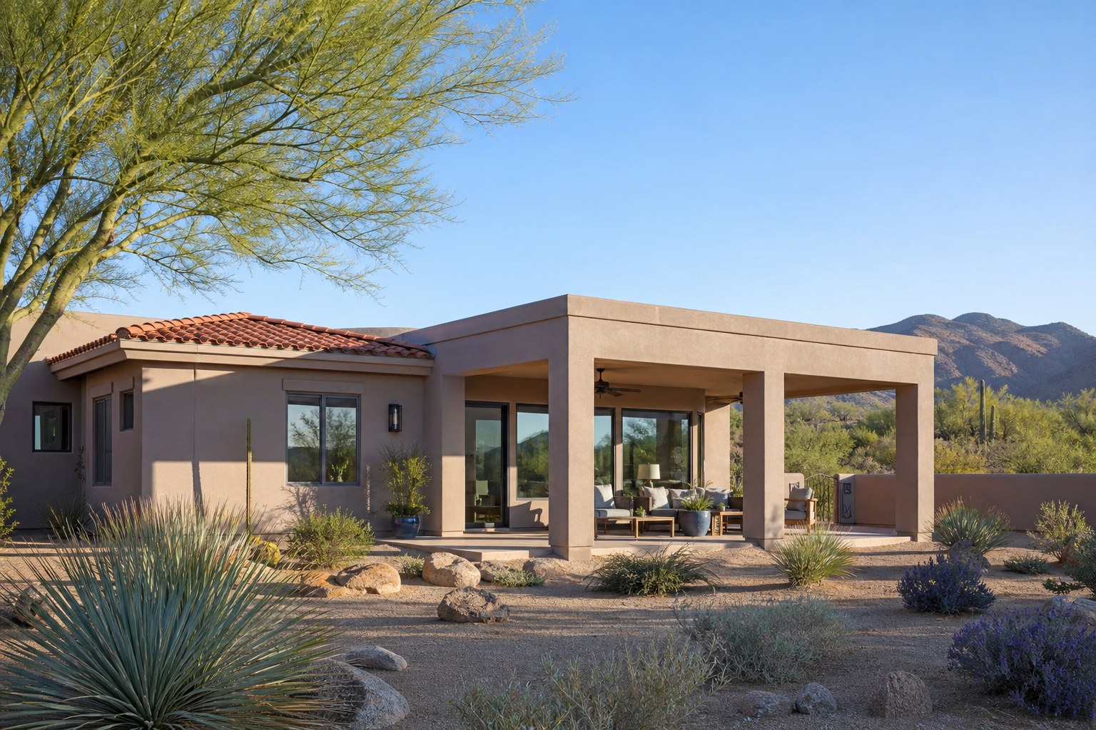 A completed Arizona home addition with a shaded patio