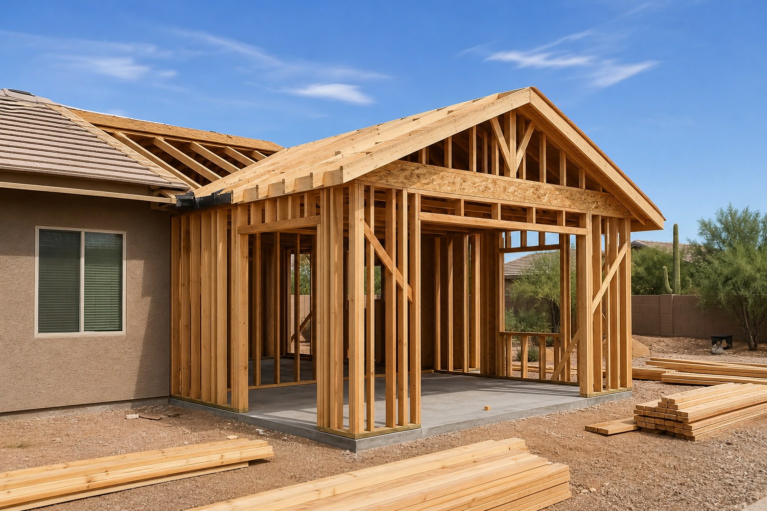 Arizona home addition at the framing stage