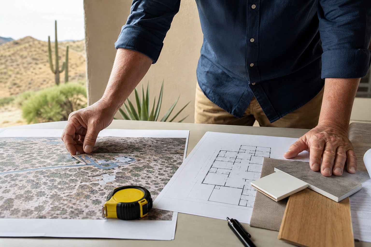 Homeowner reviewing site information, plan, and material samples