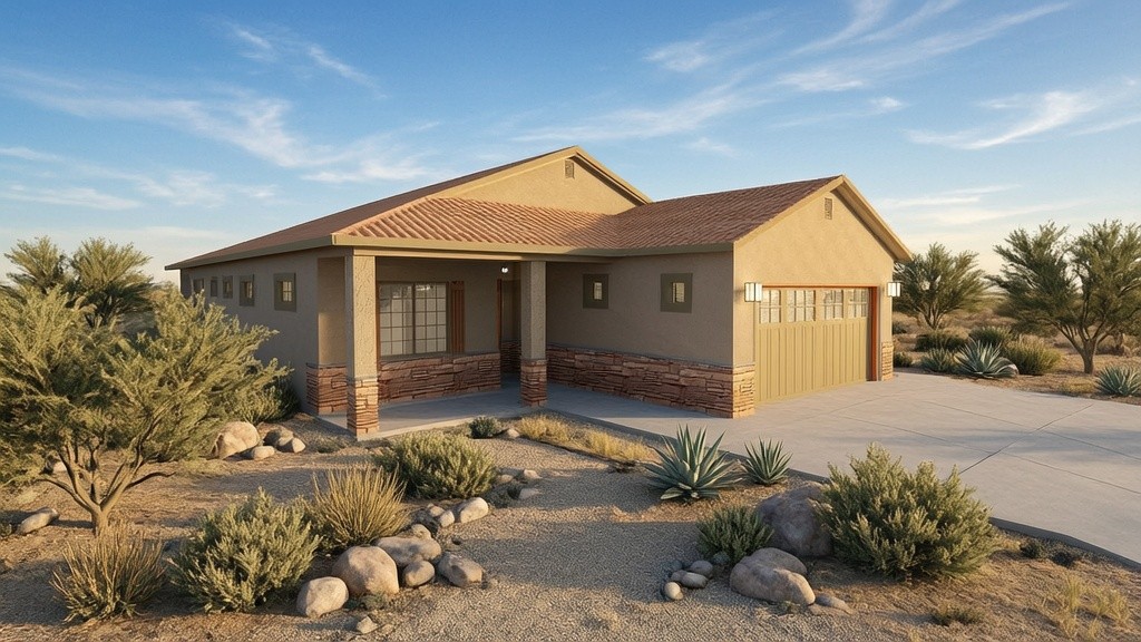 AI-generated 3D rendering of a single-story home with a covered entry, attached garage, and Arizona desert landscaping