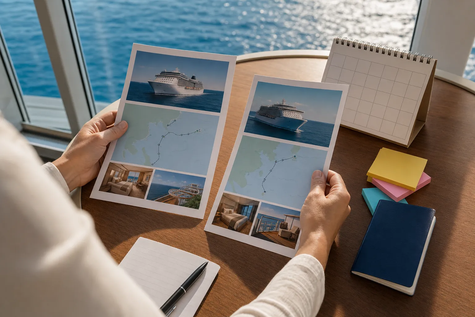 A traveler comparing two cruise itineraries, ship images, and a blank calendar beside an ocean view.