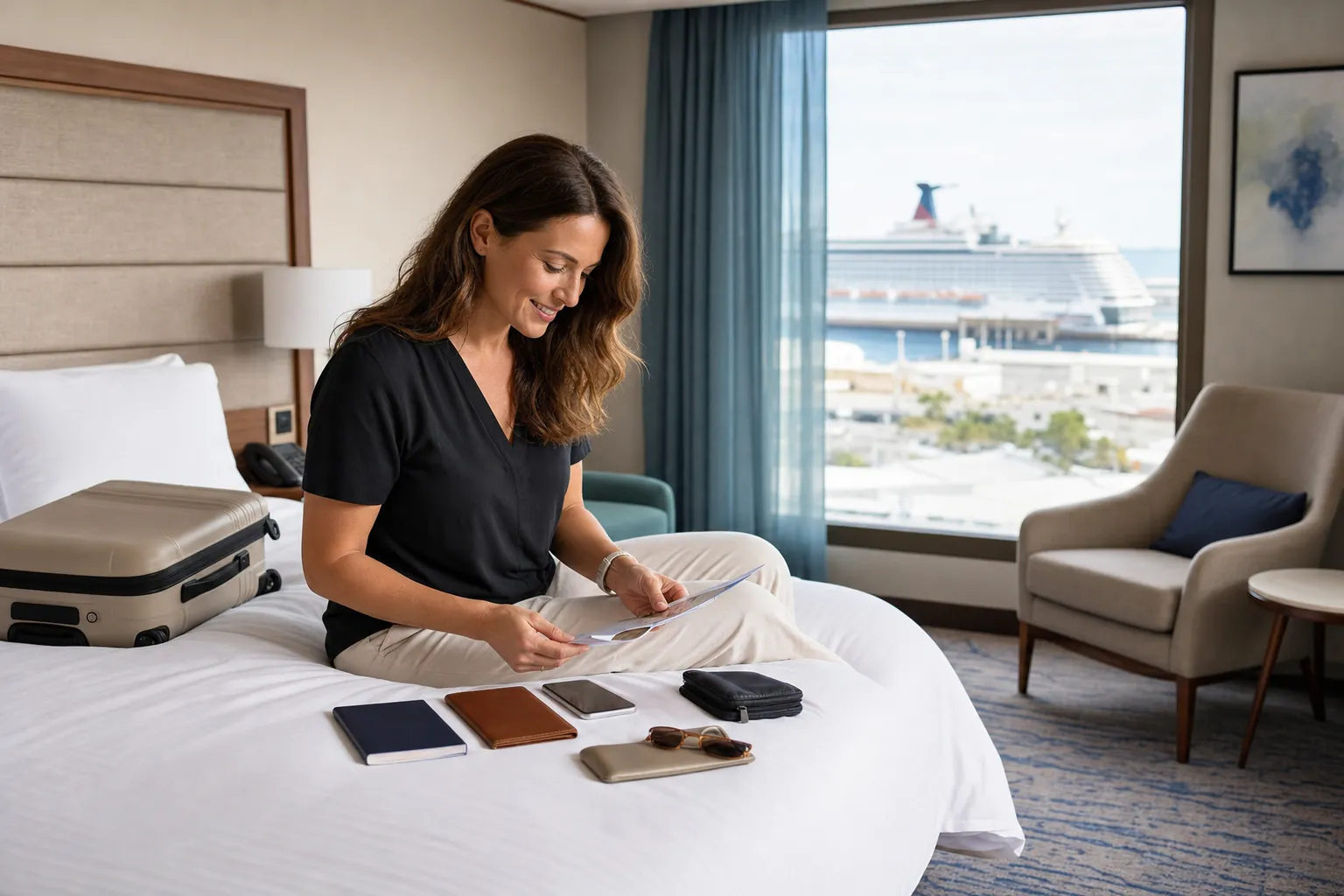 A traveler organizing a passport, phone, travel papers, and carry-on bag in a hotel room near a cruise port.