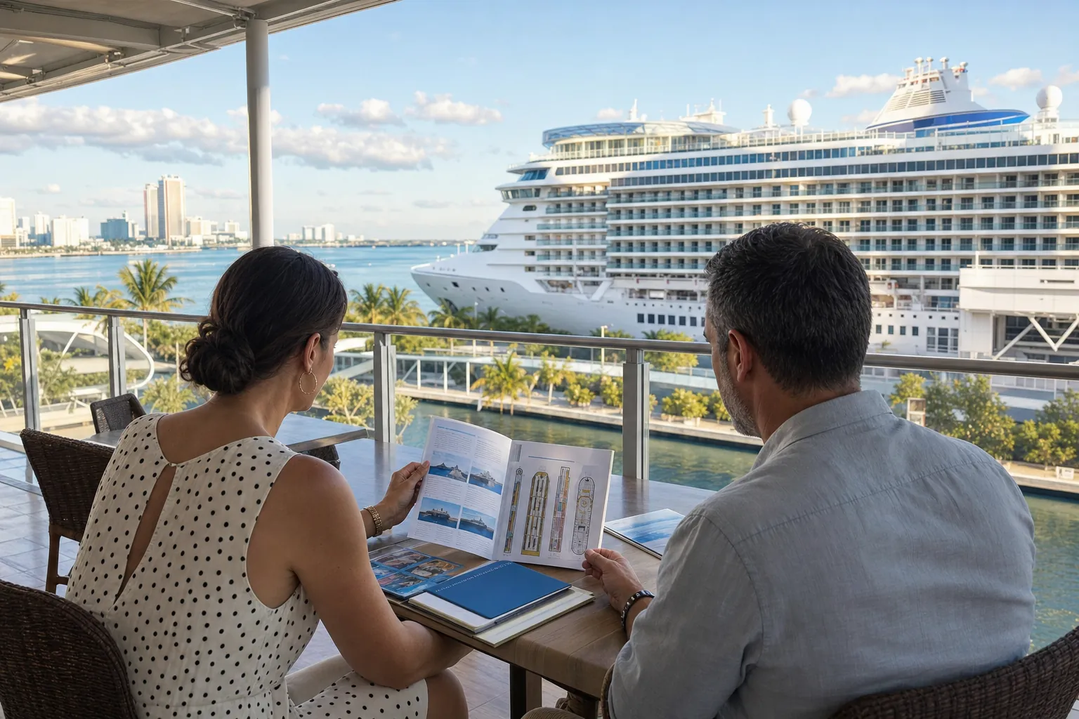 Two travelers comparing cruise details from a Florida harbor terrace with a ship in view.