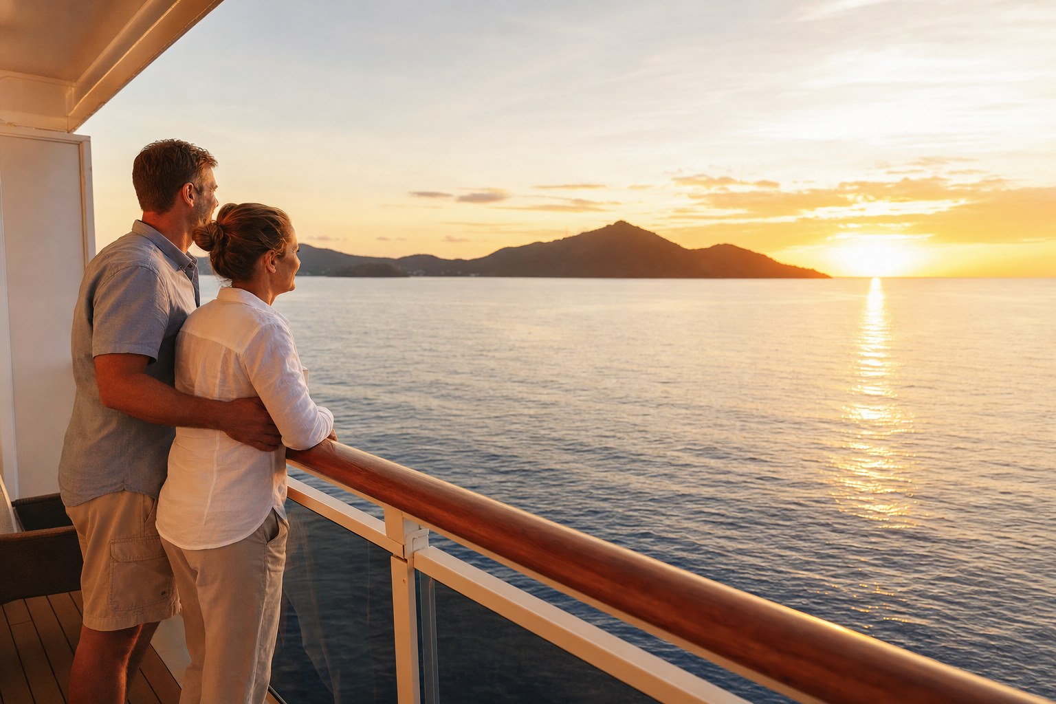 A couple enjoying a calm sunset view from a cruise ship balcony.