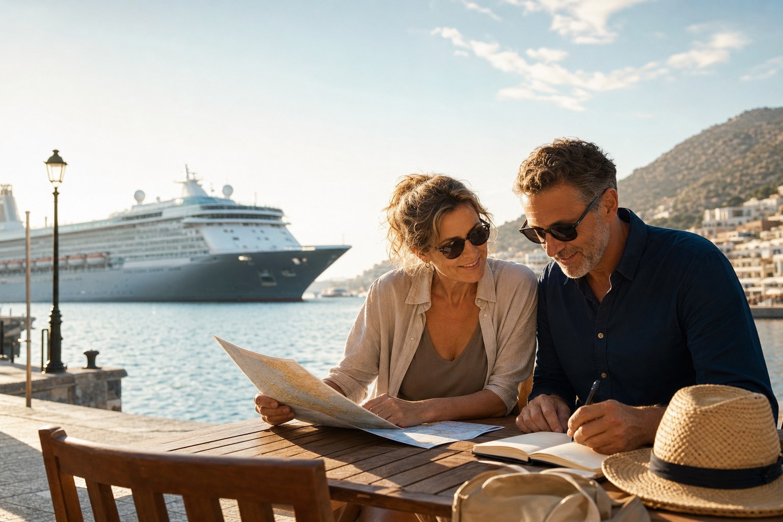 A couple reviewing cruise plans and a travel budget at a waterfront table with a cruise ship in the background.