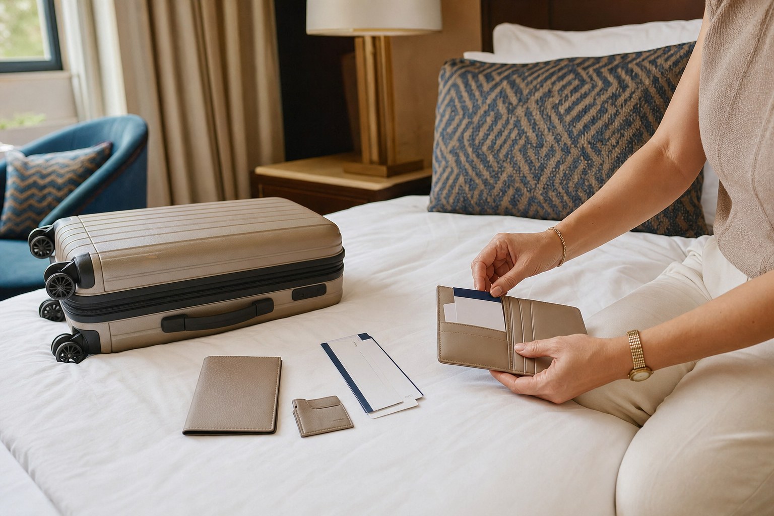 A traveler organizing a carry-on, travel wallet, and documents in a hotel room before a cruise.