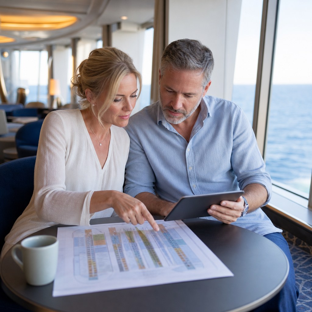 Two travelers comparing a deck plan together in a quiet cruise ship lounge.