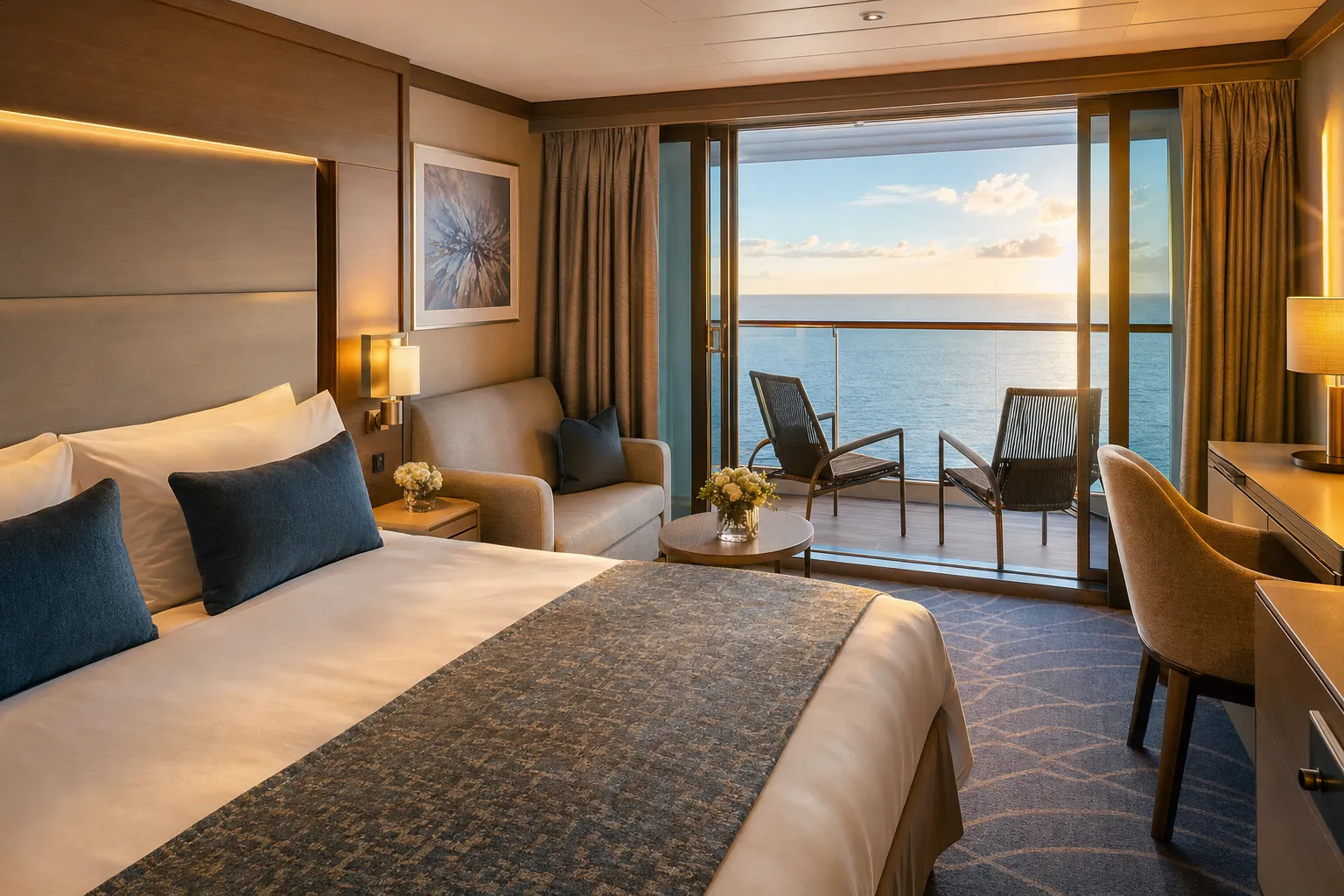 A comfortable balcony stateroom overlooking calm blue water at golden hour.