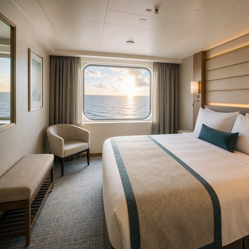 A bright ocean-view cruise stateroom with a large window framing calm morning water.