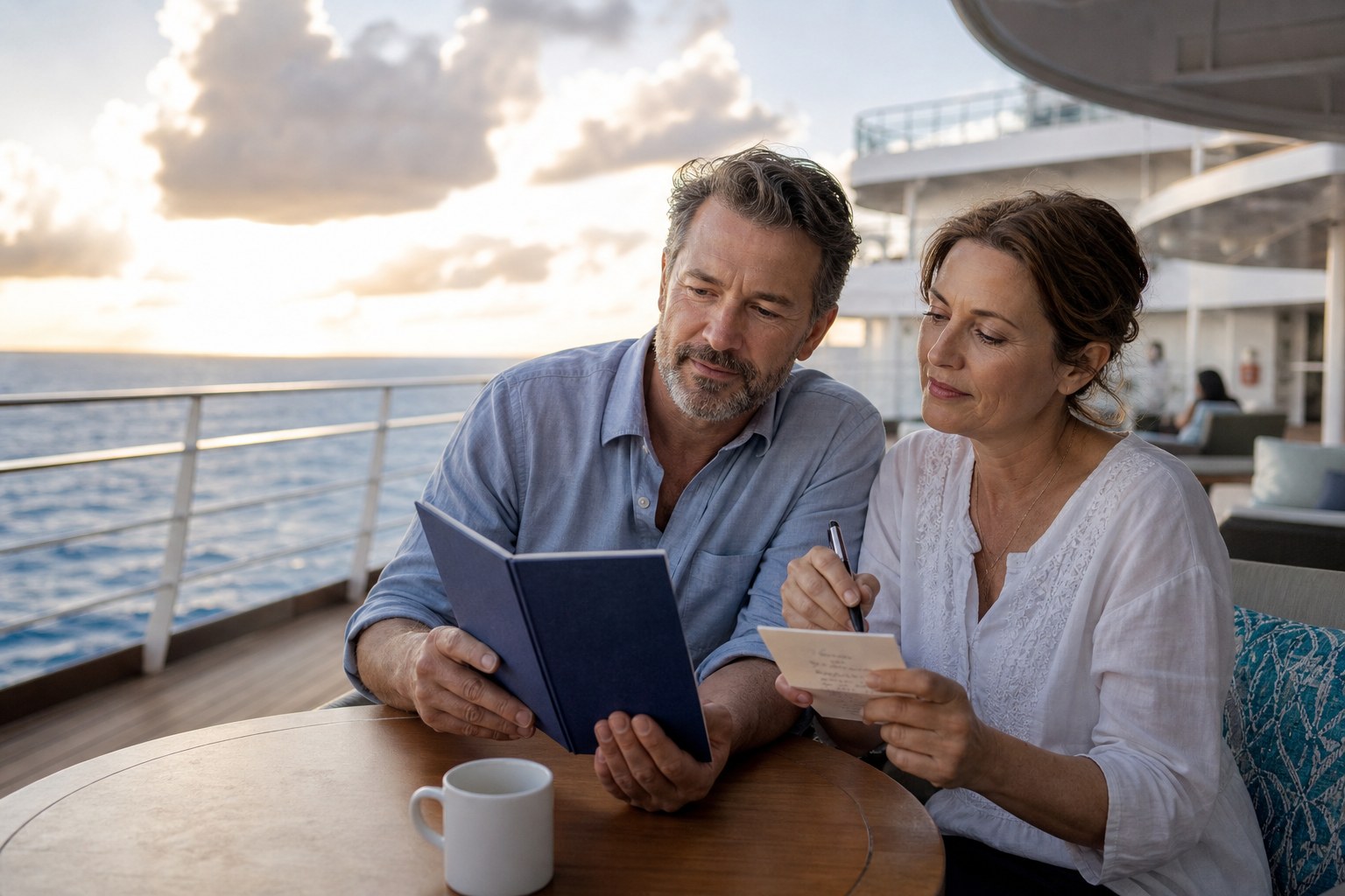 A couple comparing a drinks menu and budget note on a cruise ship deck.