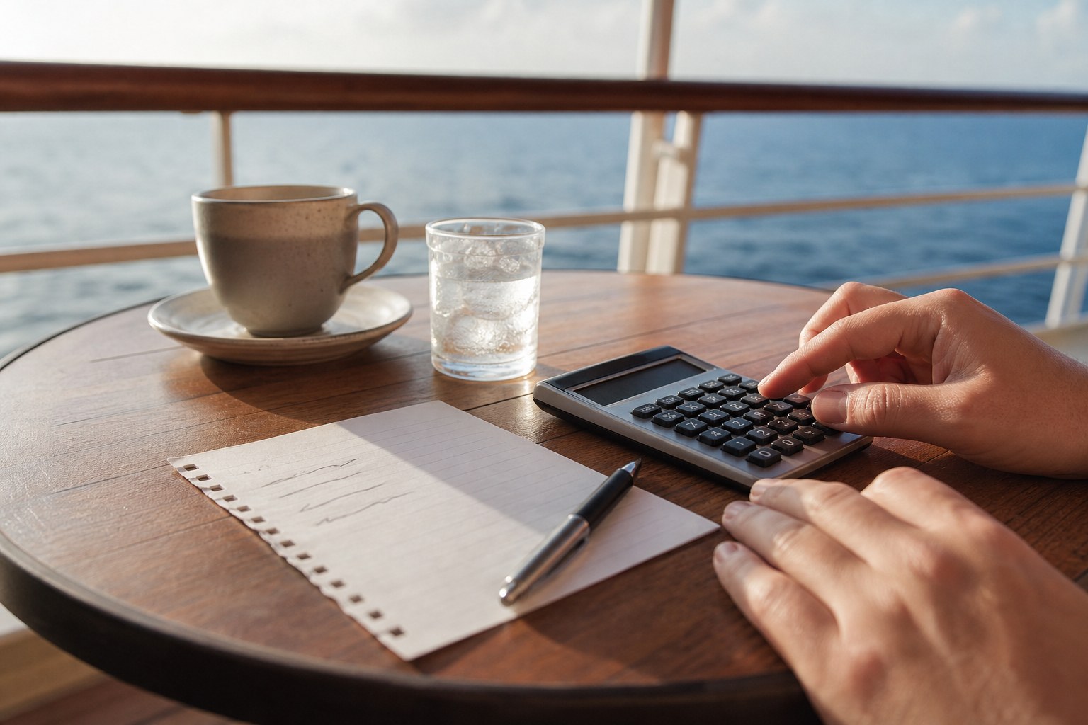 A traveler using a calculator beside coffee and sparkling water on a cruise ship table.
