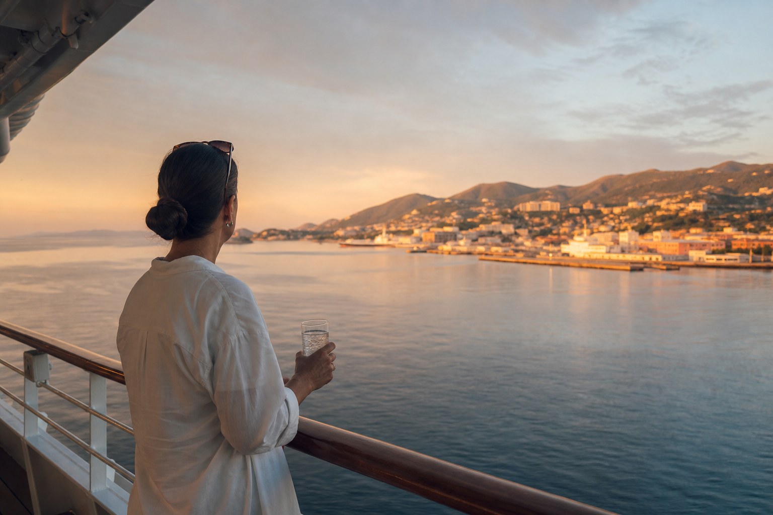 A traveler holding sparkling water while looking toward a harbor from a cruise ship after a port day.