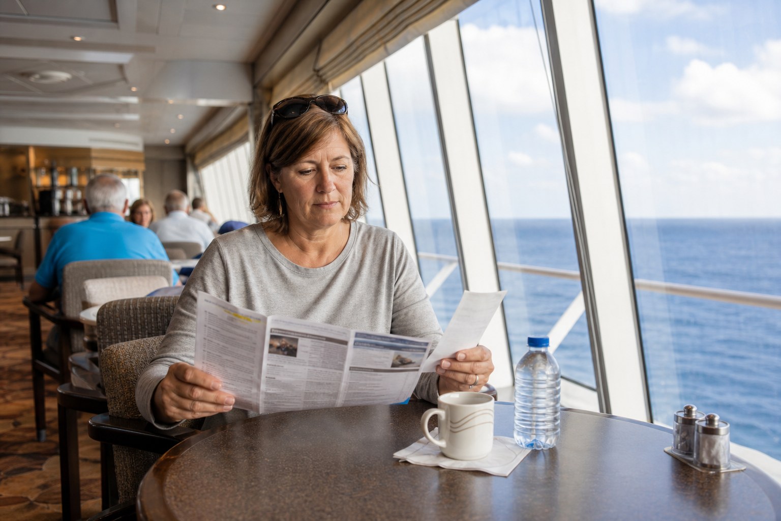 A traveler comparing a cruise itinerary and receipt in a quiet ship cafe.