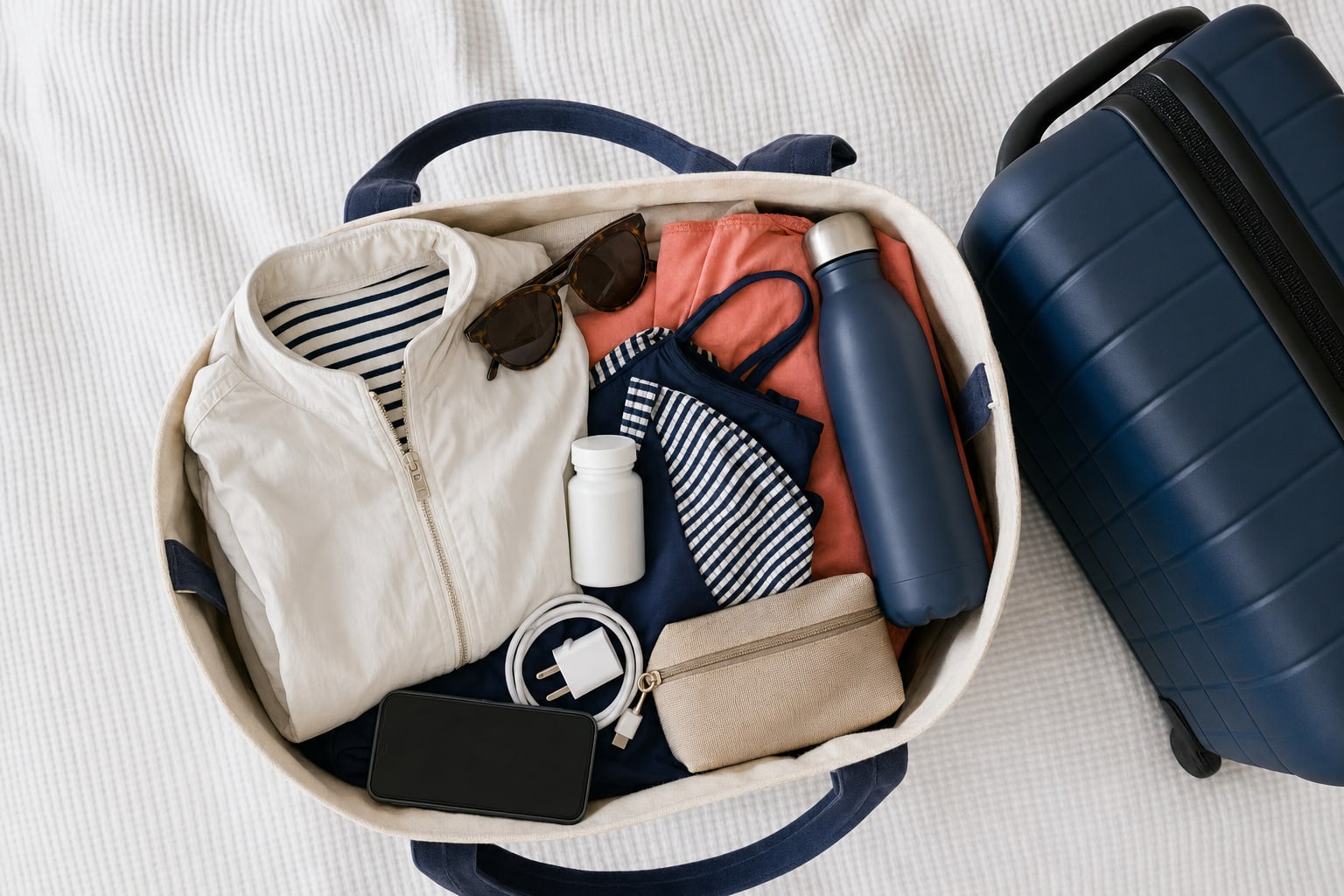A neatly packed carry-on tote with a light jacket, sunglasses, charger, water bottle, and cruise-day essentials.