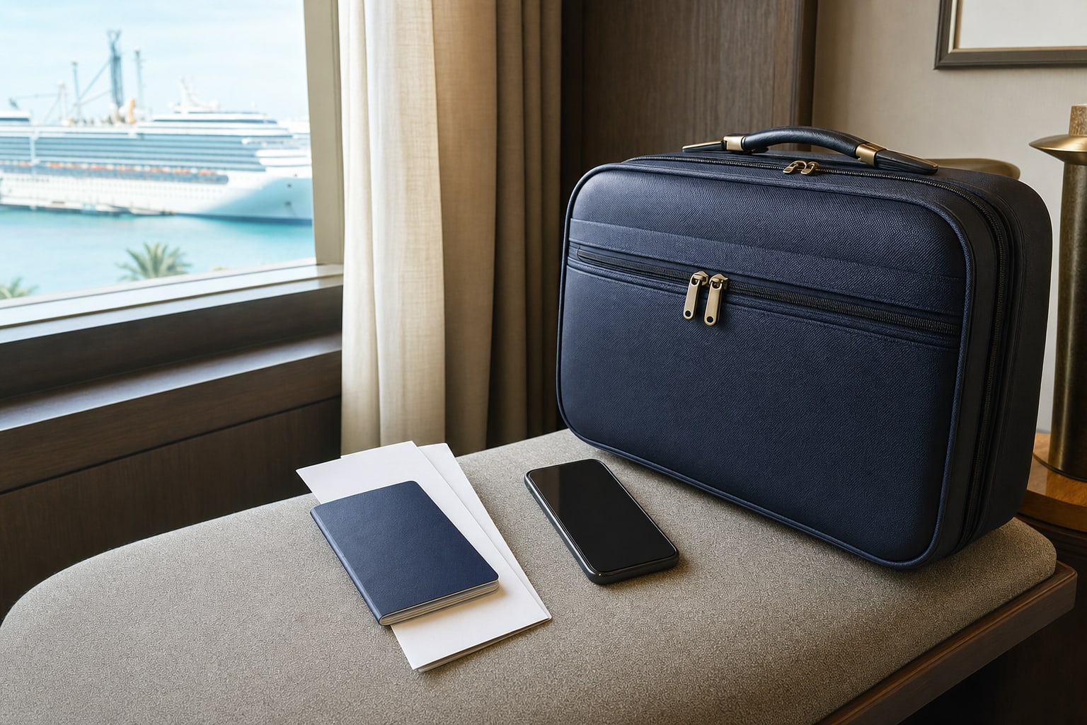 Travel documents, phone, and carry-on luggage organized in a hotel room before a cruise.