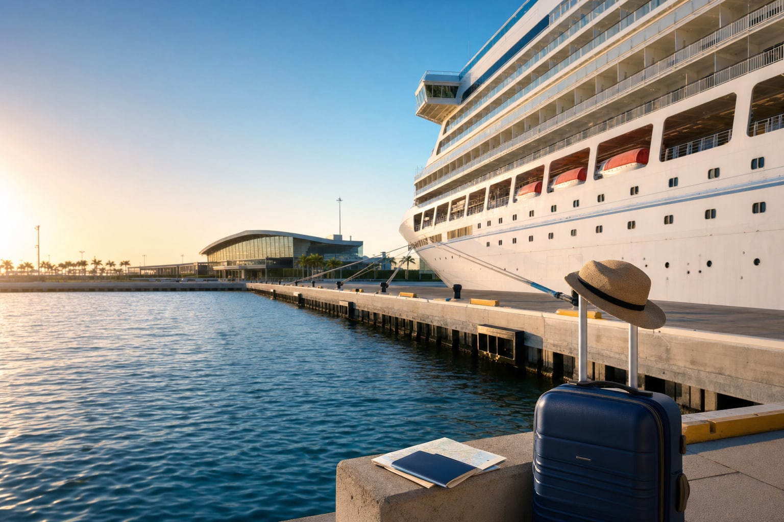 A modern cruise ship docked beside a terminal with travel luggage ready for embarkation.