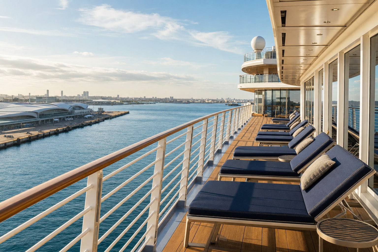 A quiet cruise ship deck with lounge chairs overlooking a harbor after passengers have boarded.