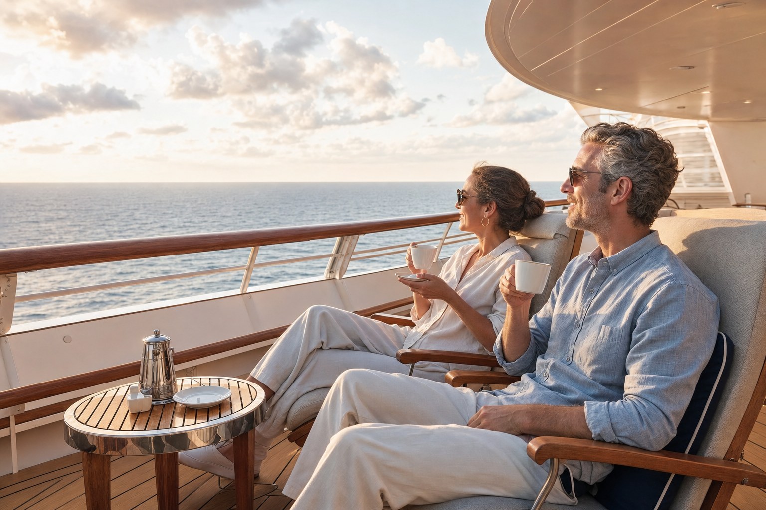 A couple enjoying quiet coffee and ocean views on a cruise ship deck.