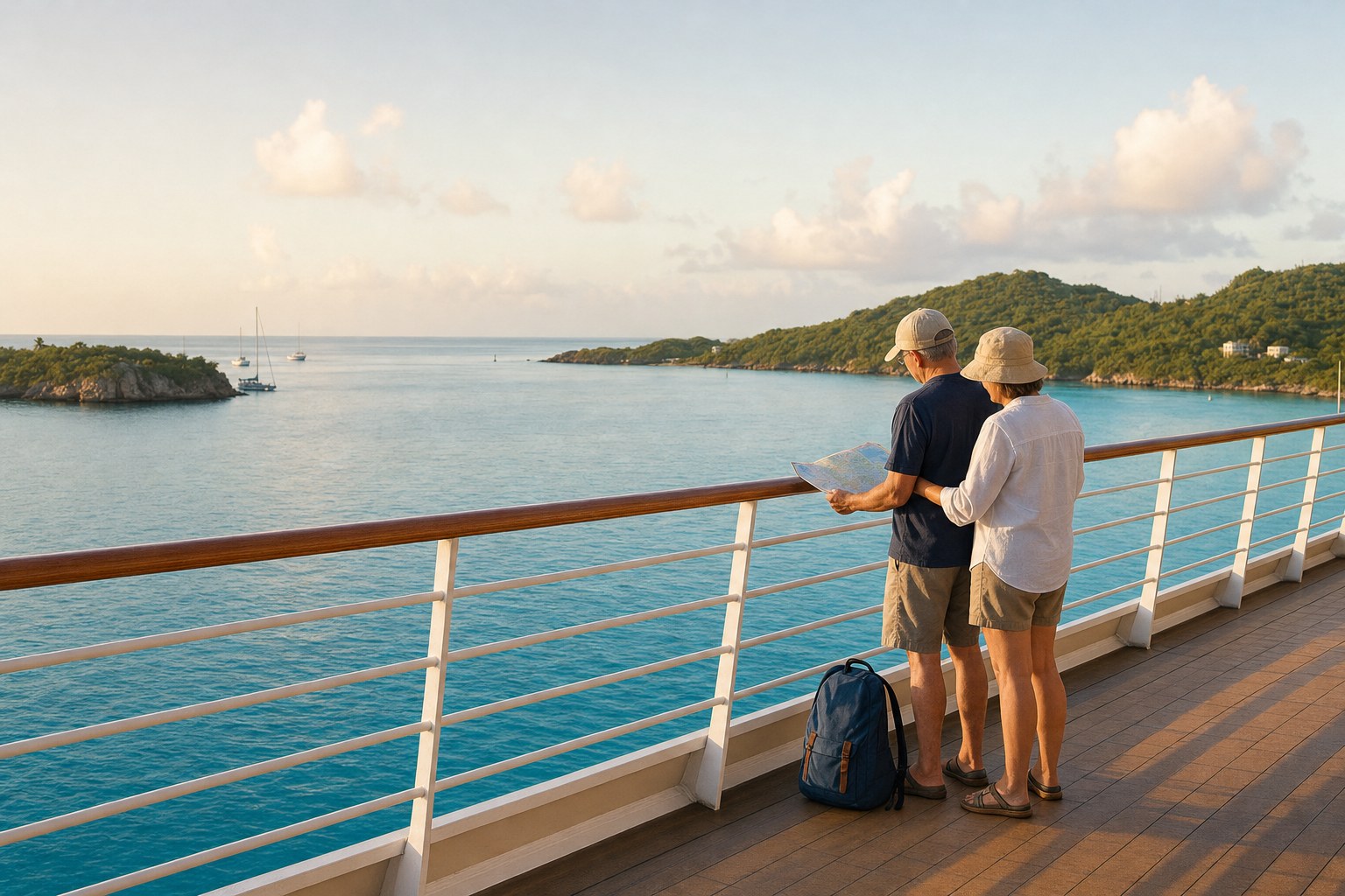 Two cruise travelers reviewing a map from an open ship deck above a tropical harbor.