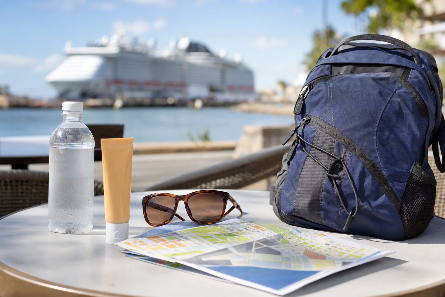 A day bag, water bottle, sunscreen, sunglasses, and a port map prepared for a cruise port day.
