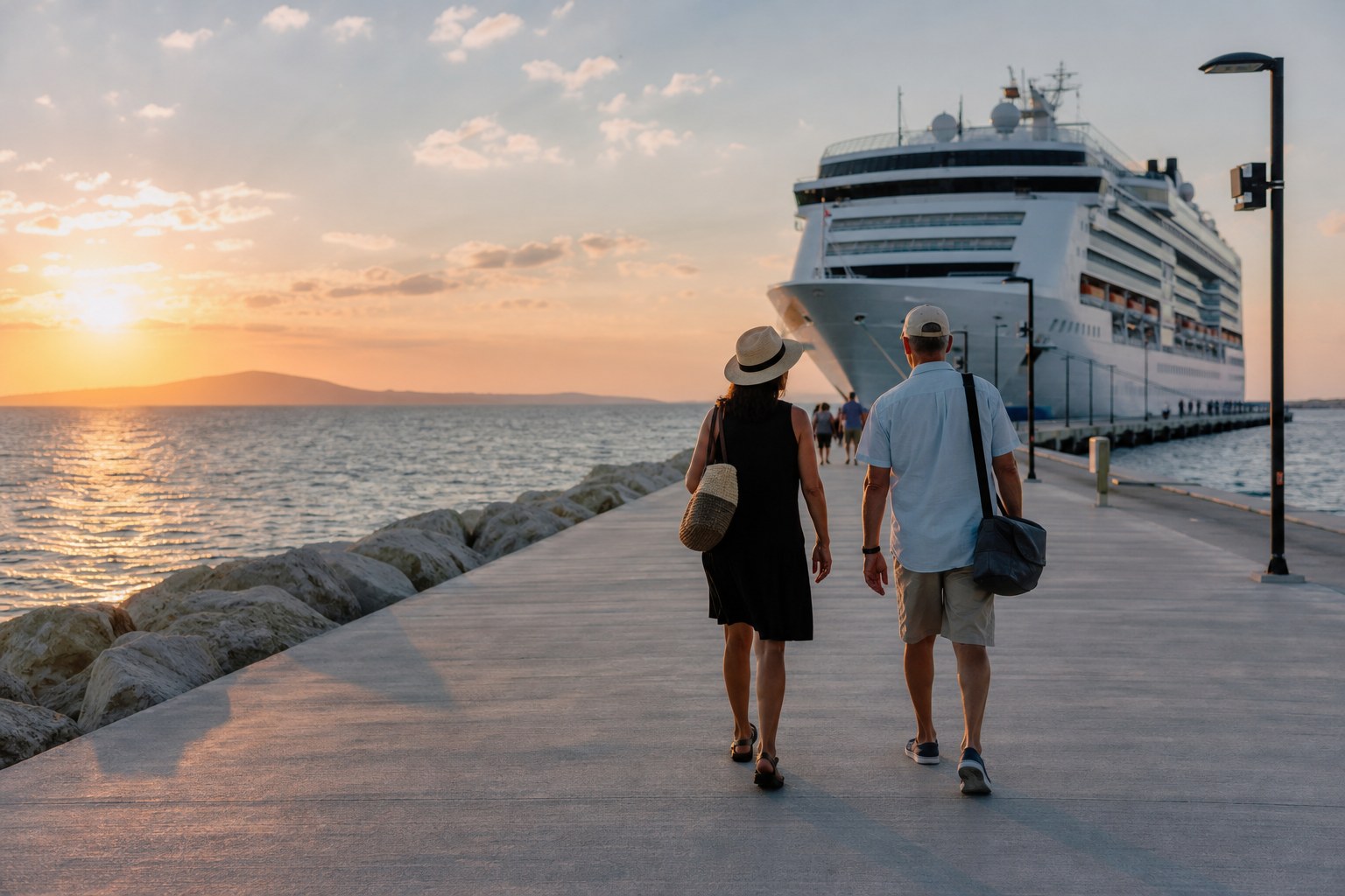 Two travelers walking along a seaside pier toward their cruise ship in warm late-afternoon light.