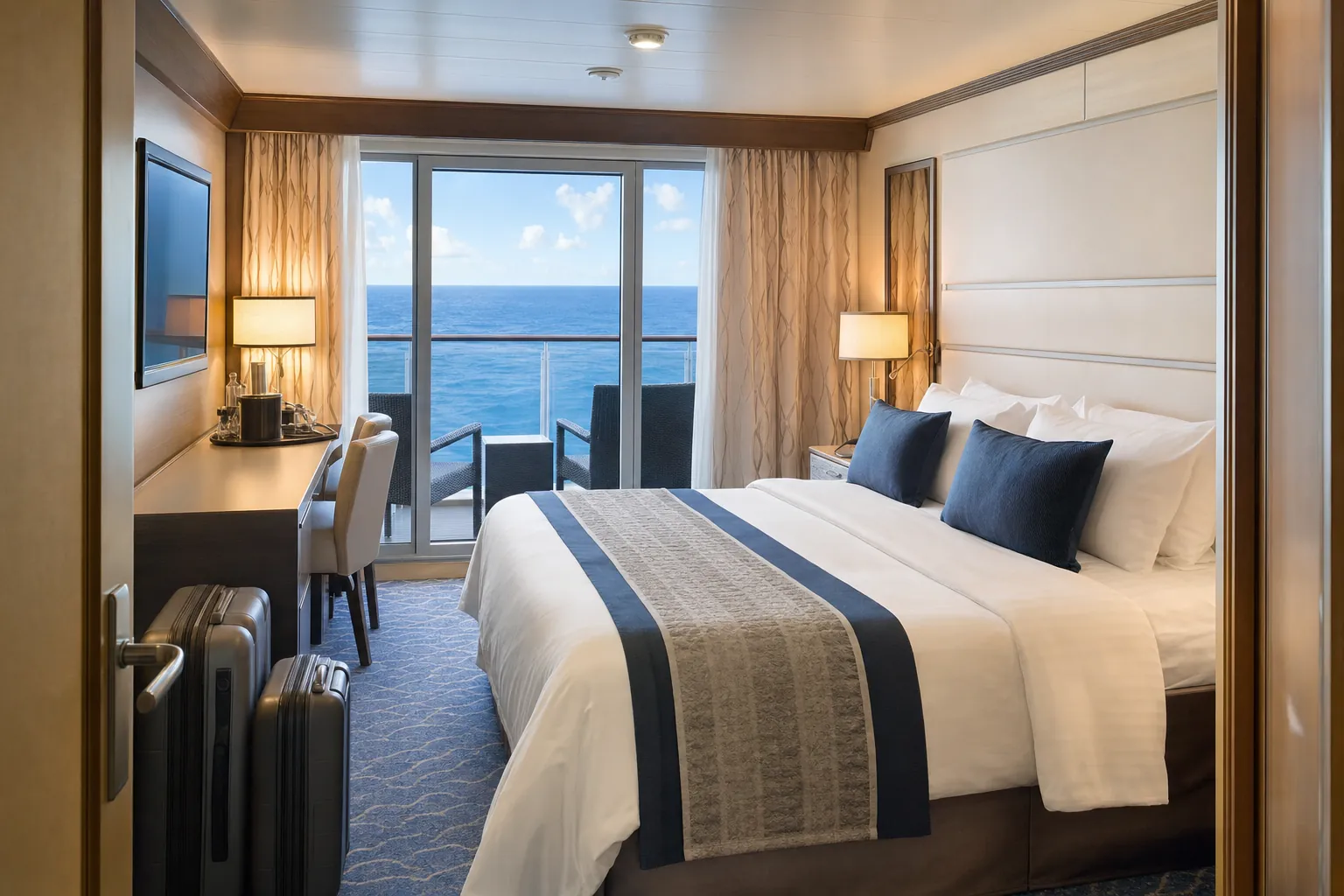 A calm cruise cabin with a balcony overlooking the open ocean.
