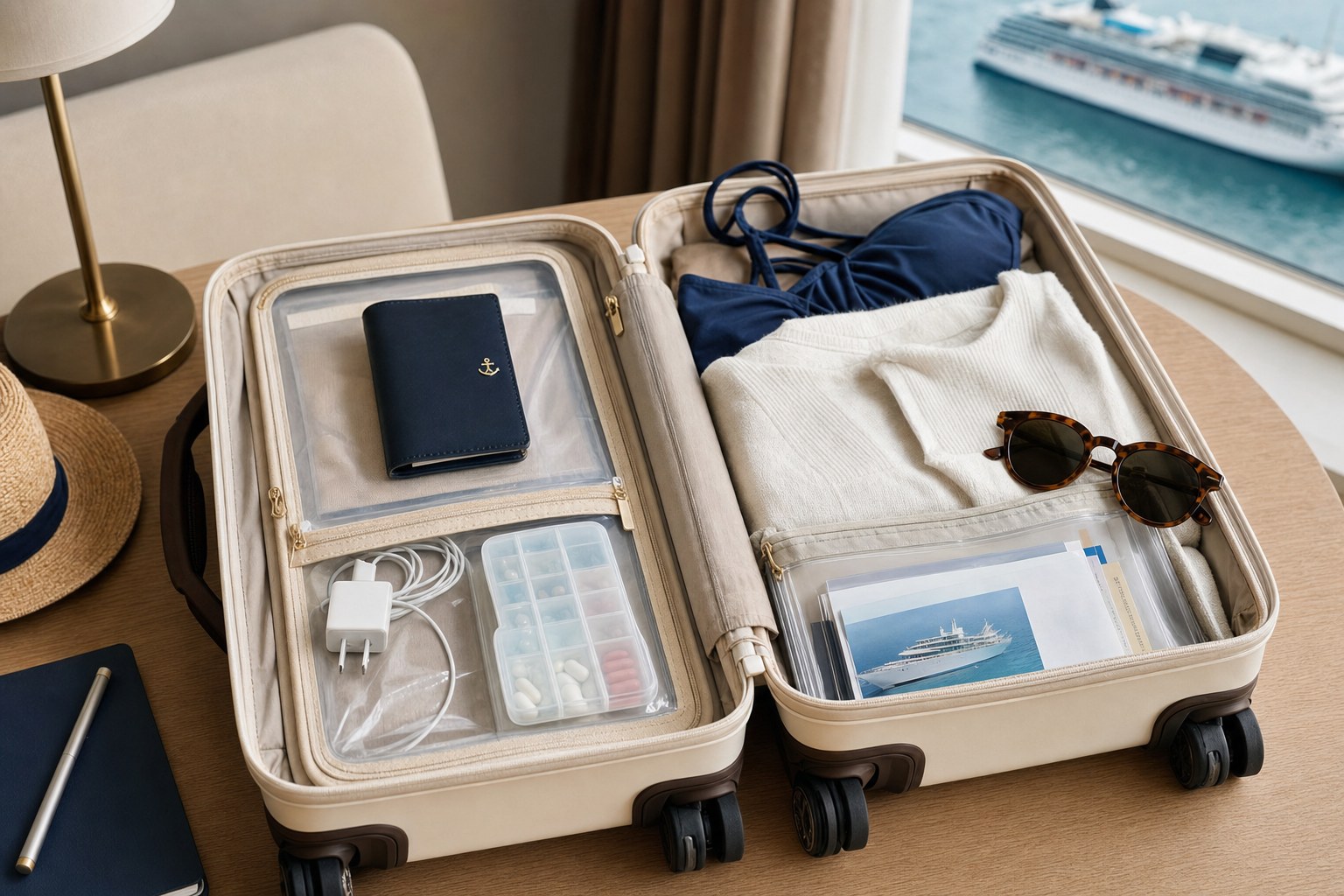 An open carry-on bag organized with travel documents, medication, a charger, sunglasses, a swimsuit, and a light sweater.