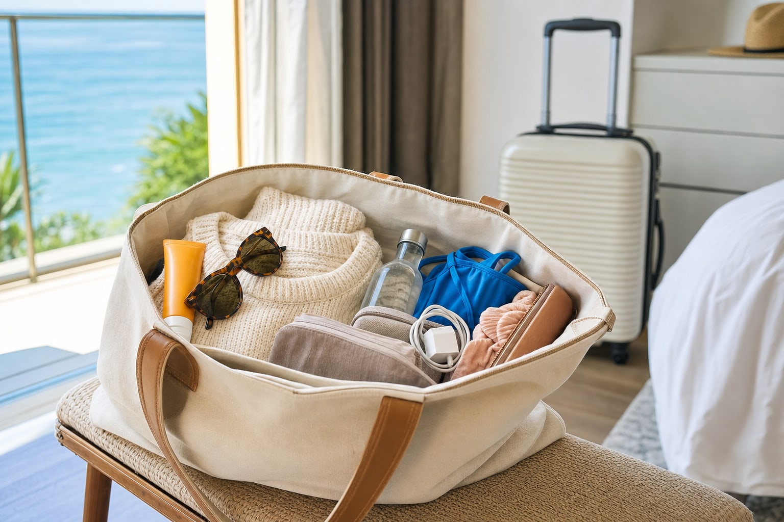 An open carry-on bag packed with a sweater, sunscreen, sunglasses, water bottle, charger, swimsuit, and travel essentials.