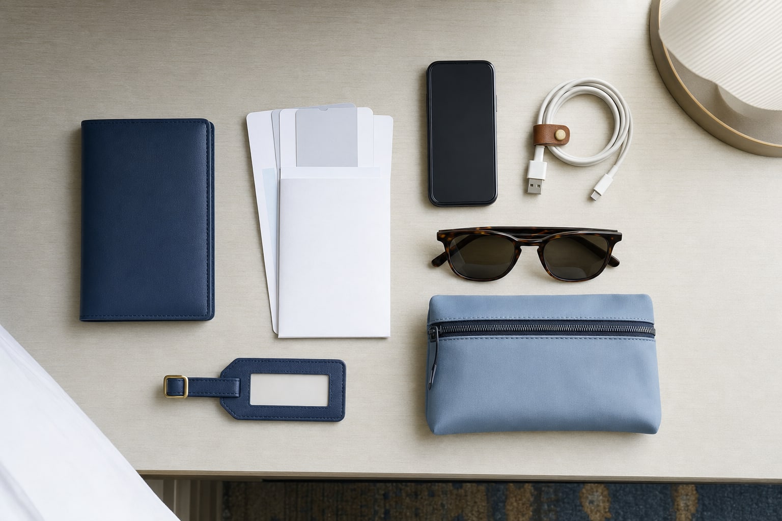 A passport wallet, phone, charging cable, sunglasses, travel pouch, and boarding documents arranged on a hotel desk.