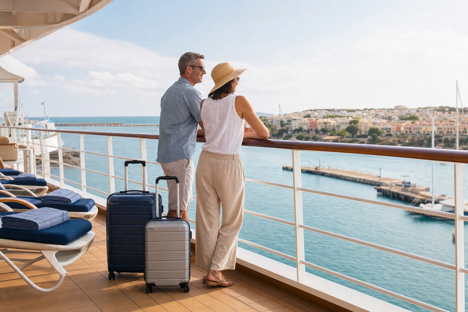 Two travelers with luggage looking from a cruise ship deck toward a sunny harbor.