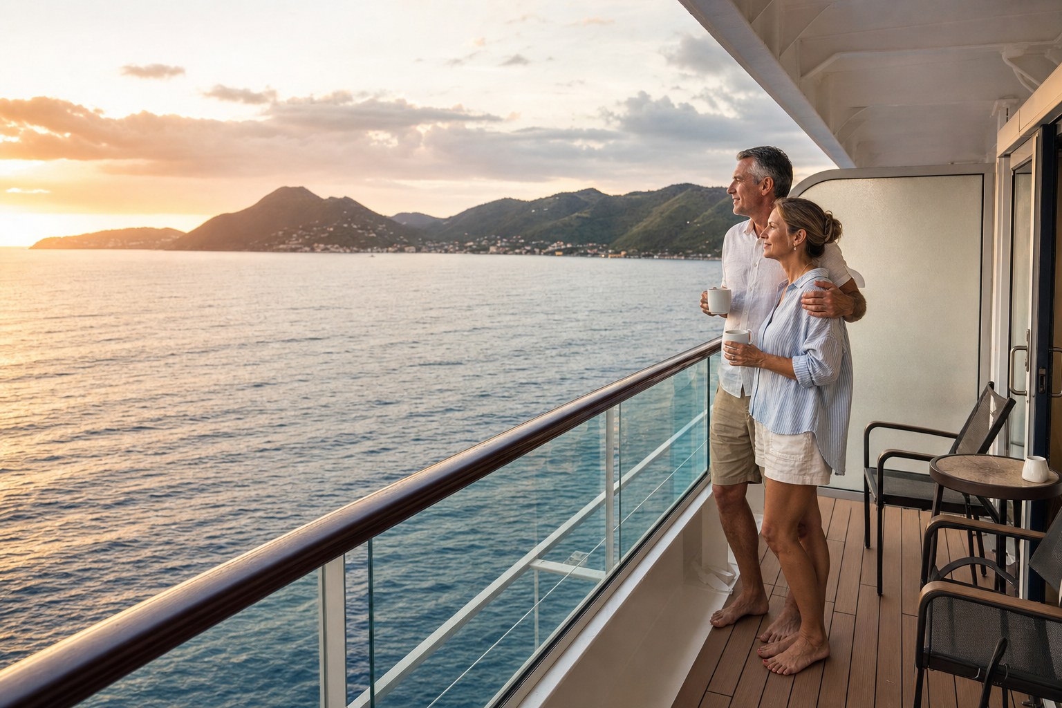 A couple enjoying coffee together on a cruise ship balcony at sunrise, looking toward a Caribbean island.