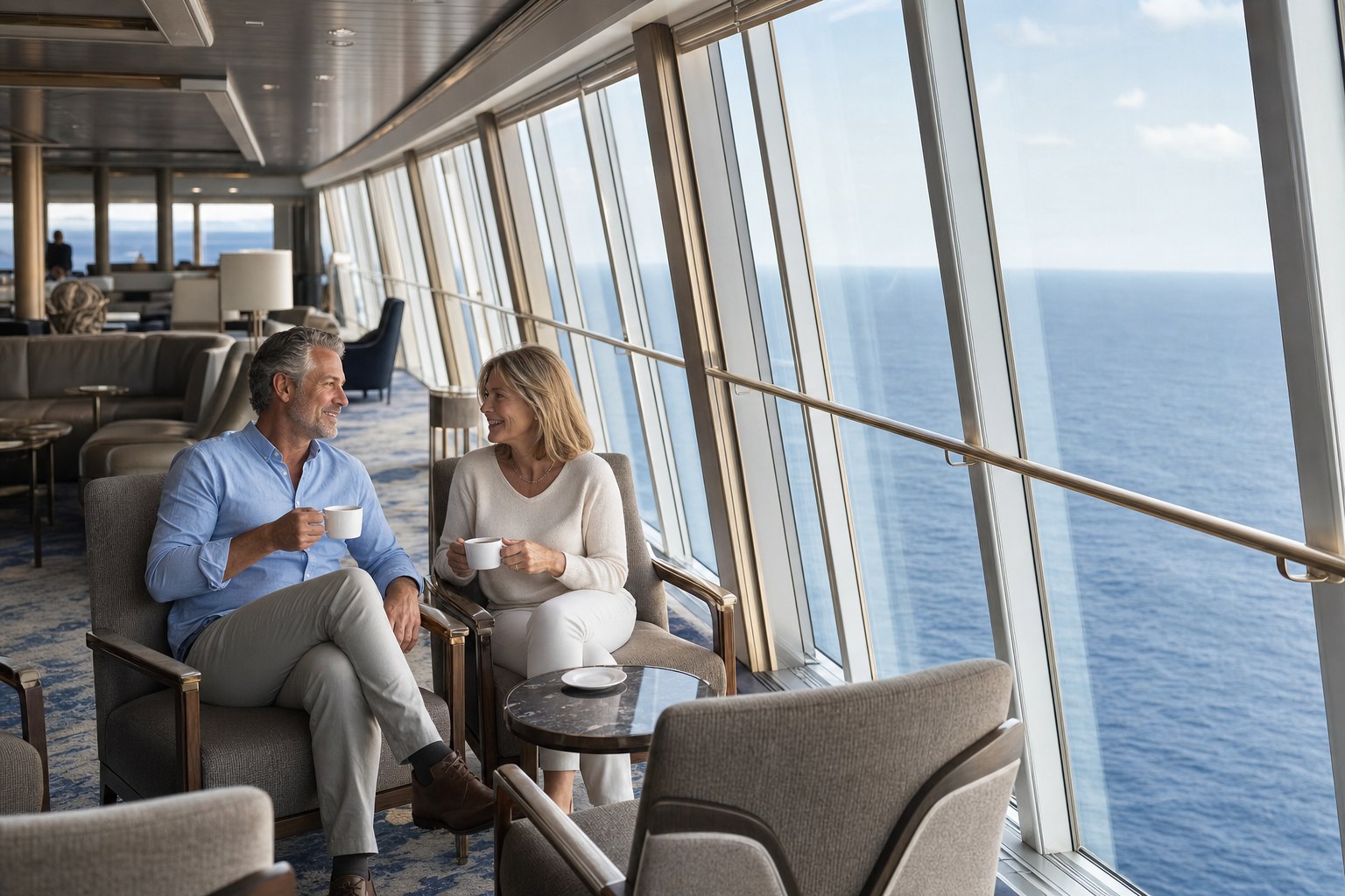 A couple enjoying coffee in a quiet cruise ship observation lounge with ocean views.