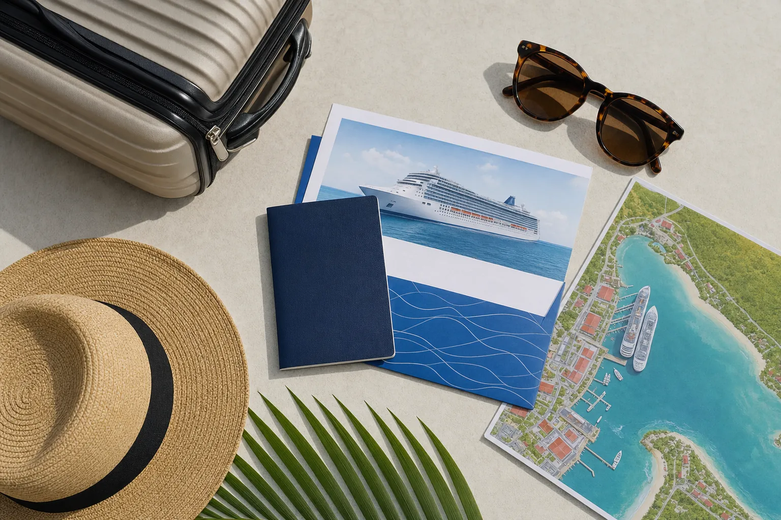A passport book, suitcase, sunglasses, and travel materials arranged before a cruise.