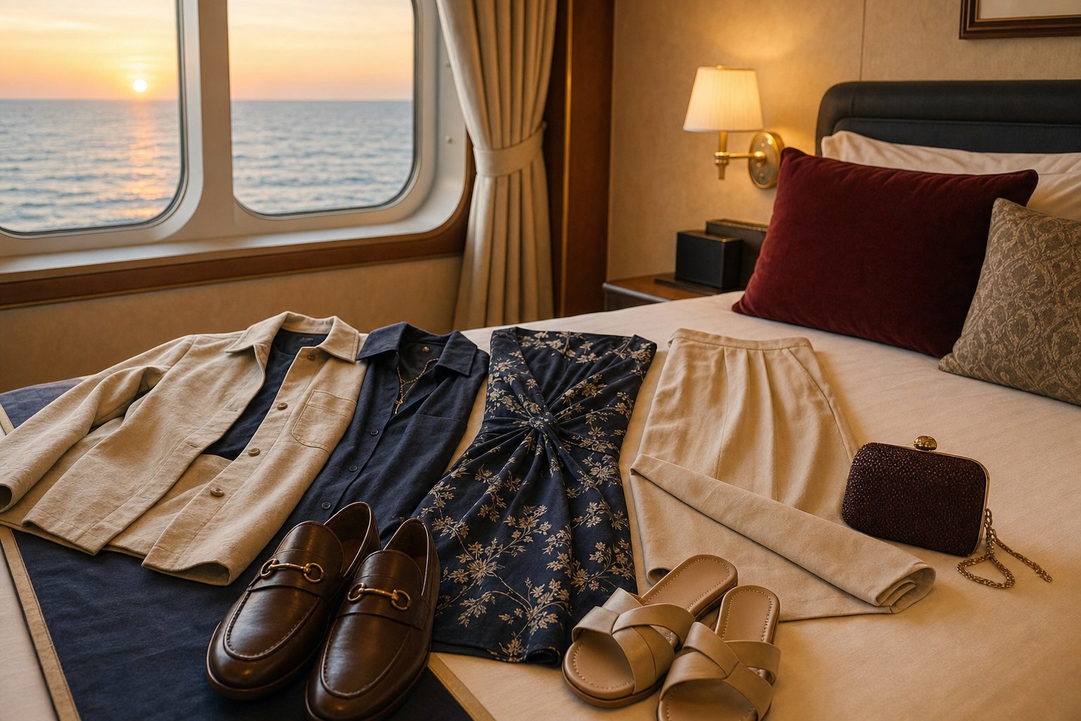A coordinated selection of dinner-ready cruise clothes, shoes, and a light jacket laid out in a cabin at sunset.