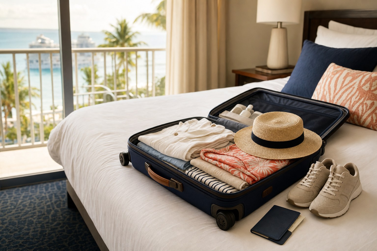 An open suitcase with folded vacation clothes, shoes, and a sun hat in a coastal hotel room before a cruise.