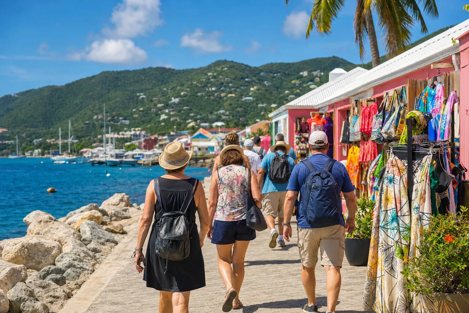 Travelers walking along a colorful waterfront market in a Caribbean cruise port.
