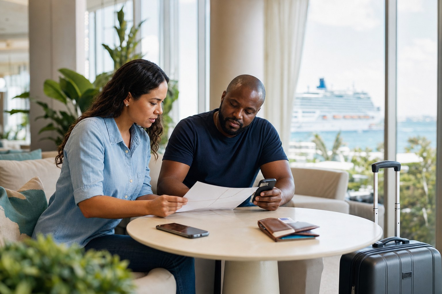 Two travelers comparing cruise travel plans at a hotel near the port before embarkation day.